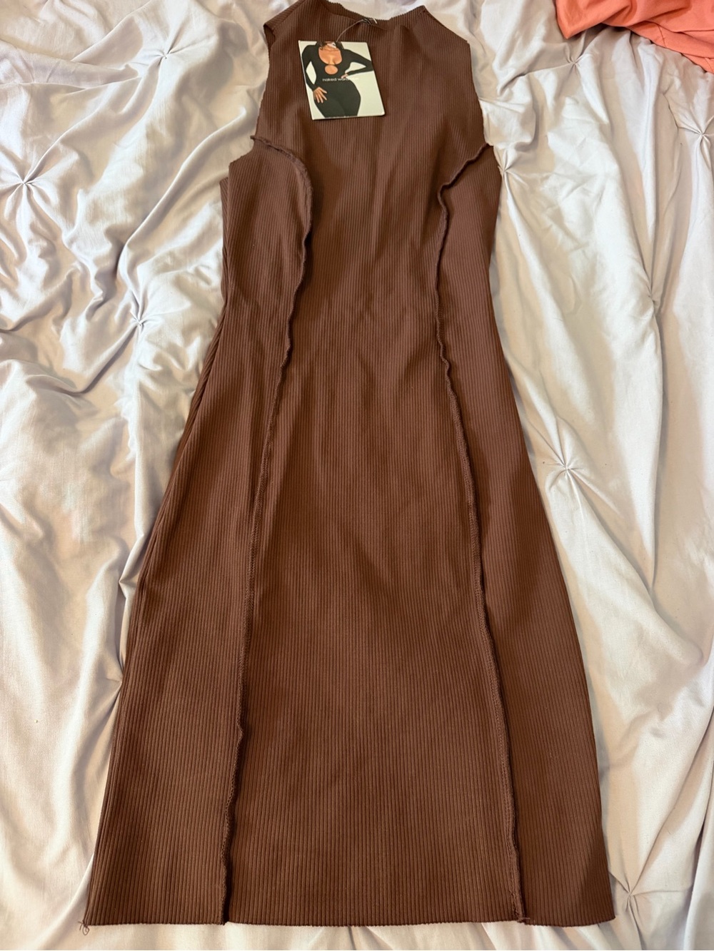 naked wardrobe Brown Ribbed Sleeveless Midi Dress